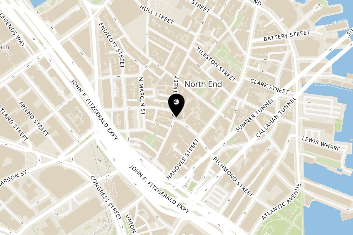 Map showing the location of Bacco Ristorante & Bar on 107 Salem St in Boston